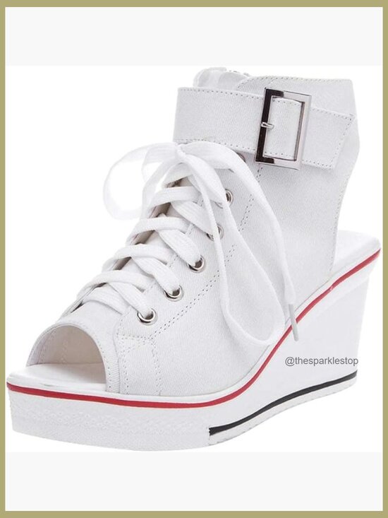 Shoes - Canvas Peep Toe Wedge Sneakers Side Zipper Lace Up Fashion Walking Shoes